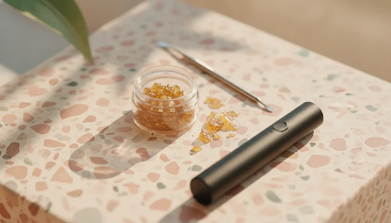 A live resin jar, dab tool, and dab pen on a terrazzo counter