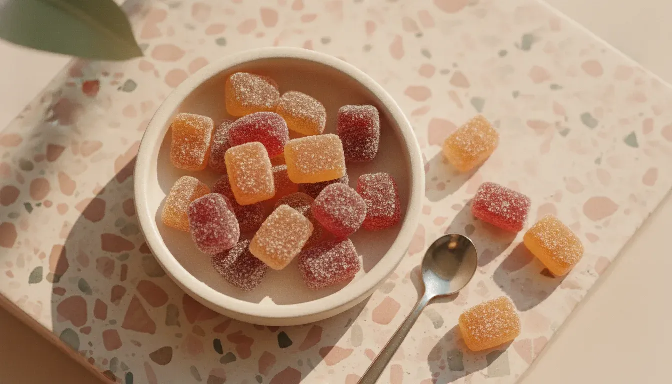 A bowl of assorted low-dose cannabis gummies on a terrazzo counter