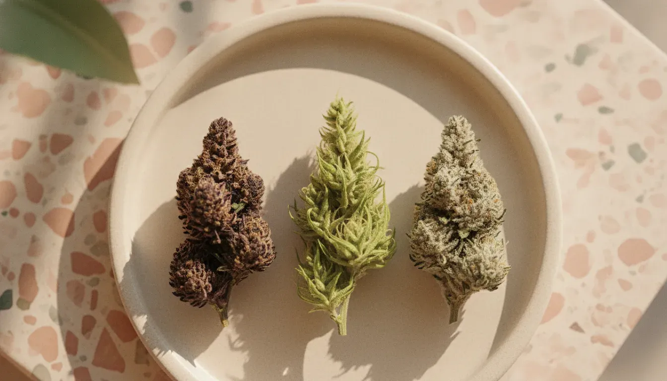 Purple indica, green sativa, and frosty hybrid cannabis buds side by side