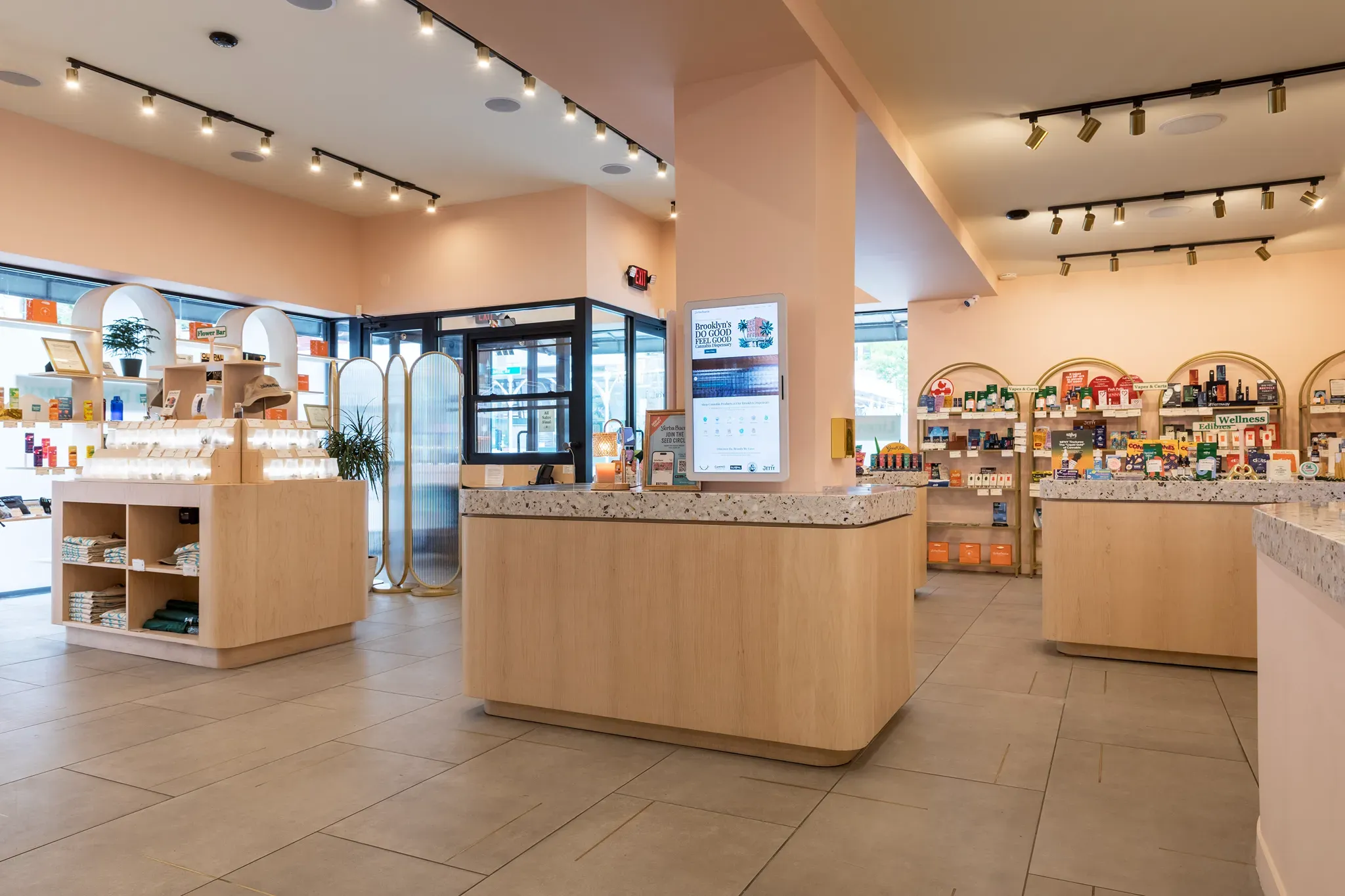 Interior of Yerba Buena cannabis dispensary showing the welcoming product displays in Cobble Hill, Brooklyn