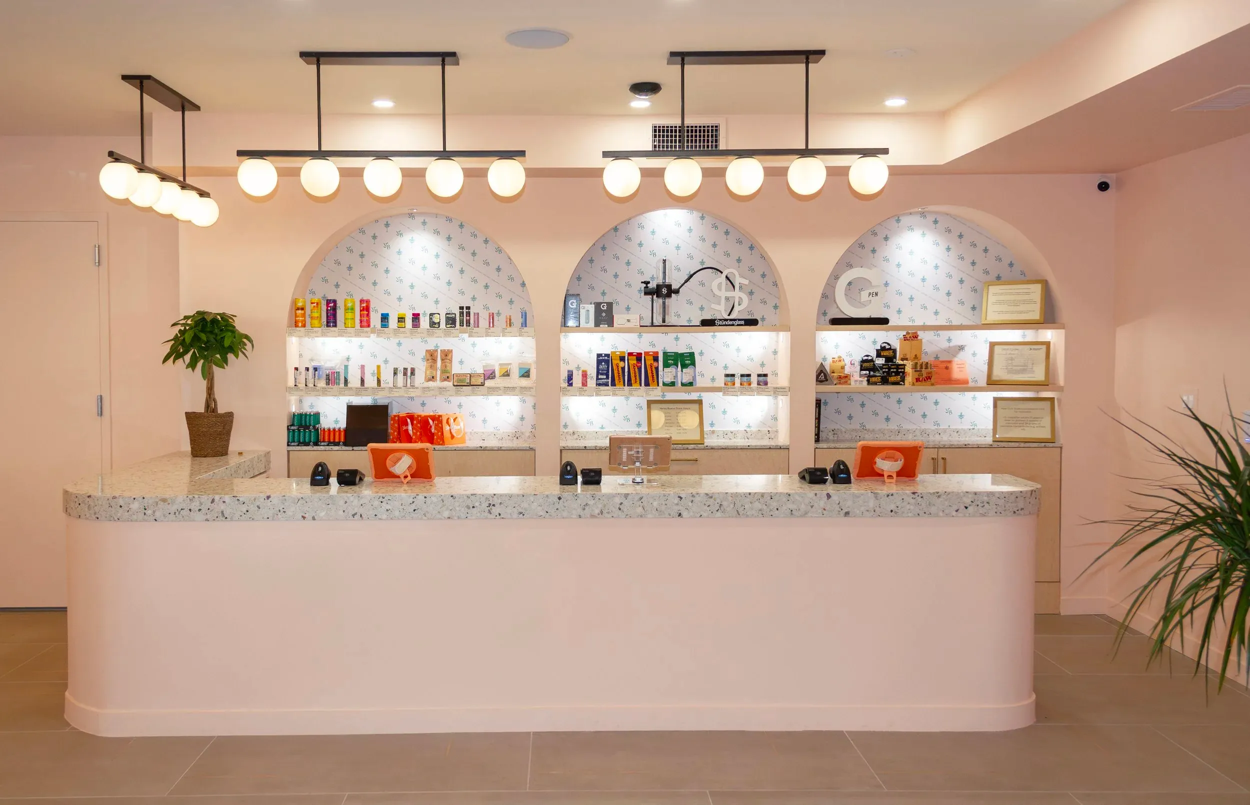 A photograph of the beautiful and warm interior of the Yerba Buena Cobble Hill location, showing Brooklyn's finest point of sale counter with products in view.