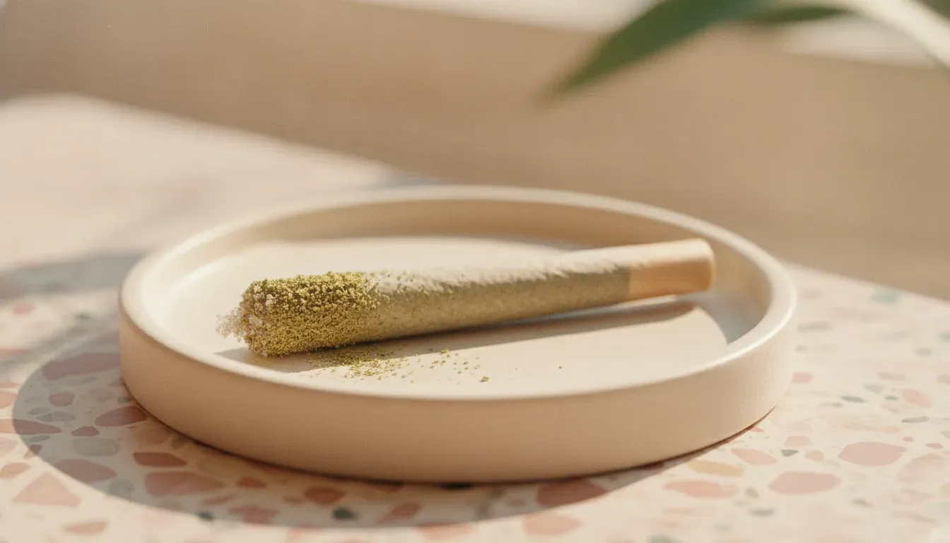 A diamond-infused pre-roll with a kief-coated tip on a ceramic dish
