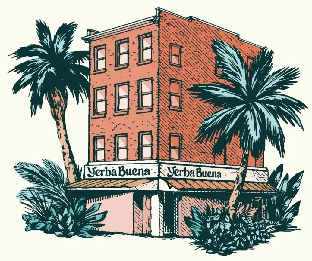 Illustrated storefront of Yerba Buena cannabis dispensary in Cobble Hill, Brooklyn