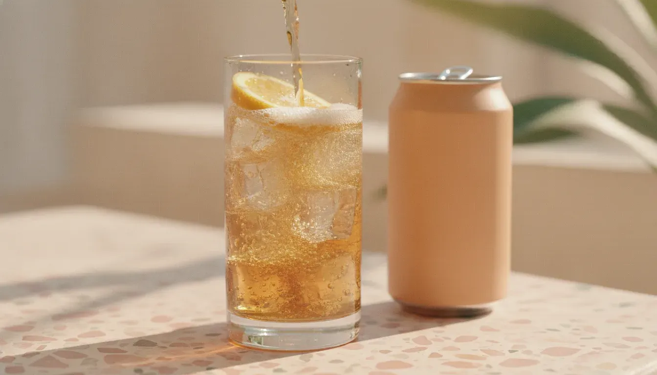 A cannabis seltzer poured over ice with a citrus wheel, beside a can